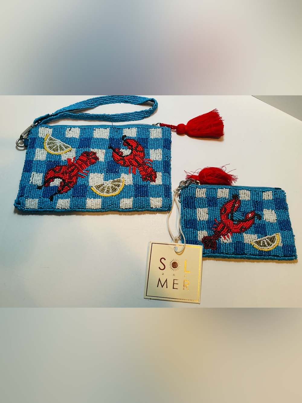 * Blue Beaded Wristlet & Matching Zippered Pouch with Red Lobster & Lemon Motif